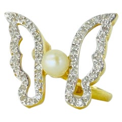 Designer Perle Schmetterling und 0,50 Gesamtkarat Diamanten Cocktail-Ring 18k