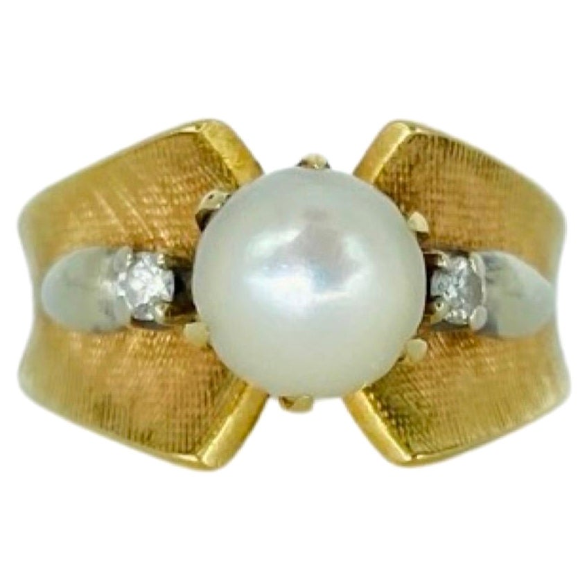 Vintage Pearl and 0.02 Total Carat Weight Diamonds Cluster Cocktail Ring 14k For Sale