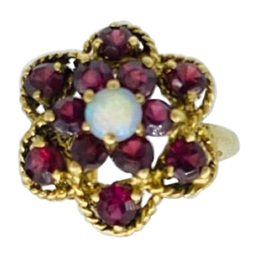 Retro 2.00 Carat Total Weight Tourmaline and Opal Cluster Flower Ring 14k For Sale