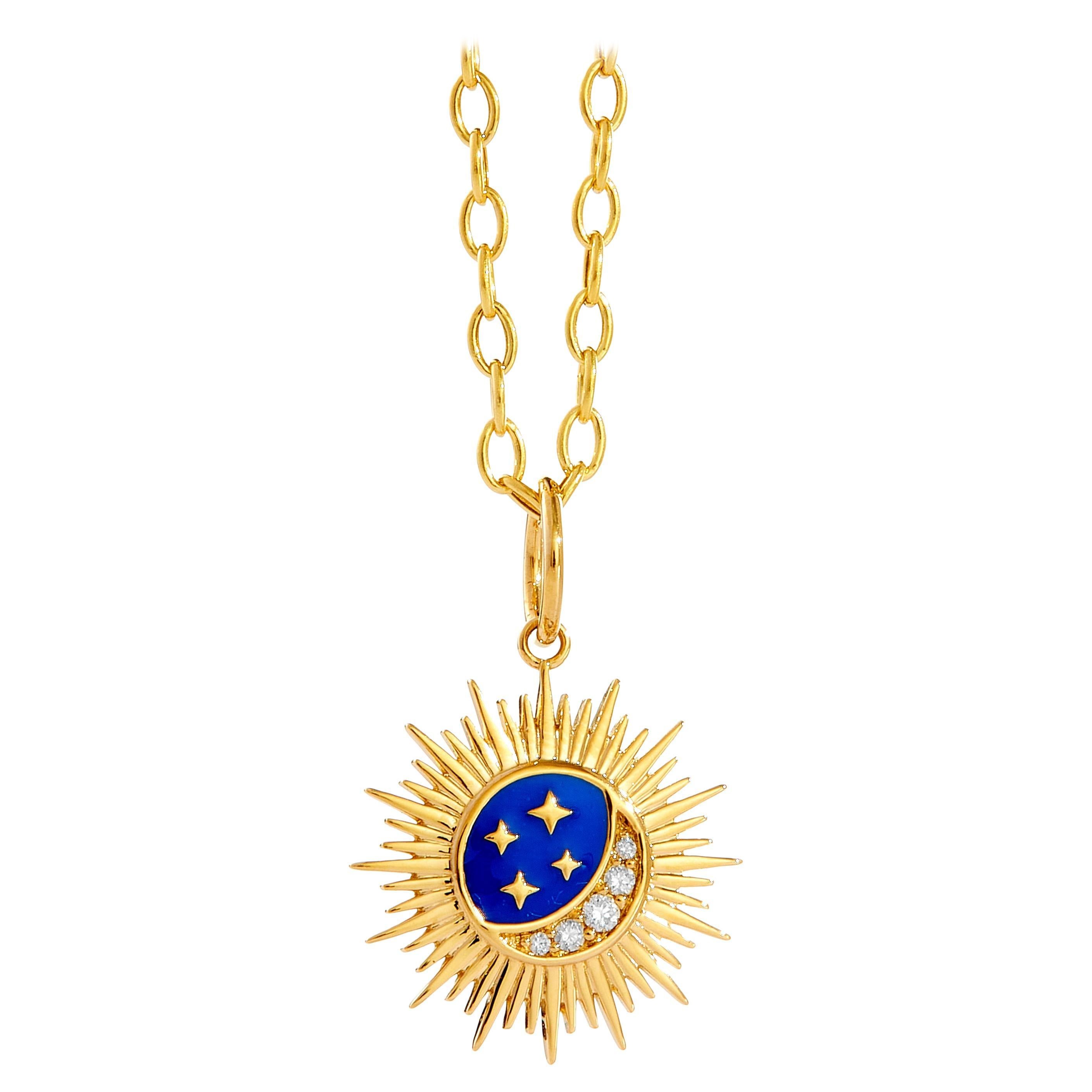 Syna Yellow Gold Lapis Enamel Moon and Stars Pendant with Diamonds For Sale