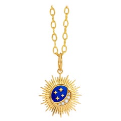 Gelbgold-Lapislazuli-Emaille-Mond- und Sternen-Anhänger mit Diamanten