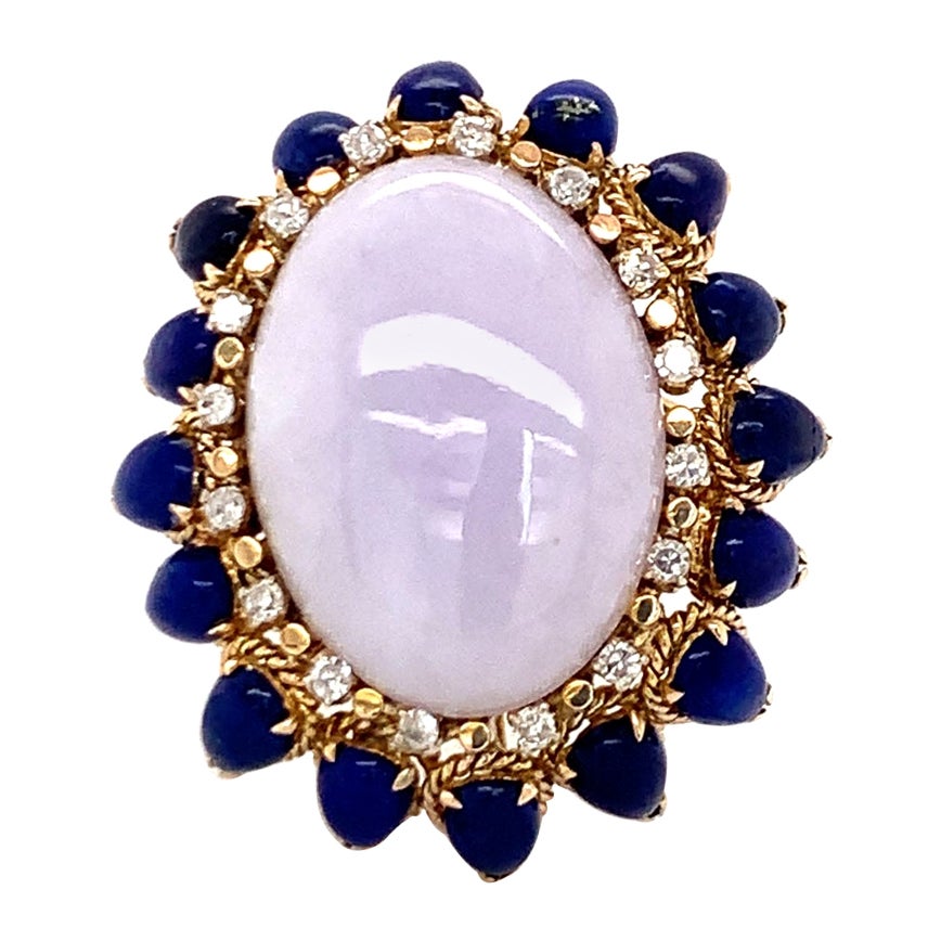Lavender Jade, Lapis Lazuli and Diamond Yellow Gold Cocktail Ring, circa 1960s For Sale