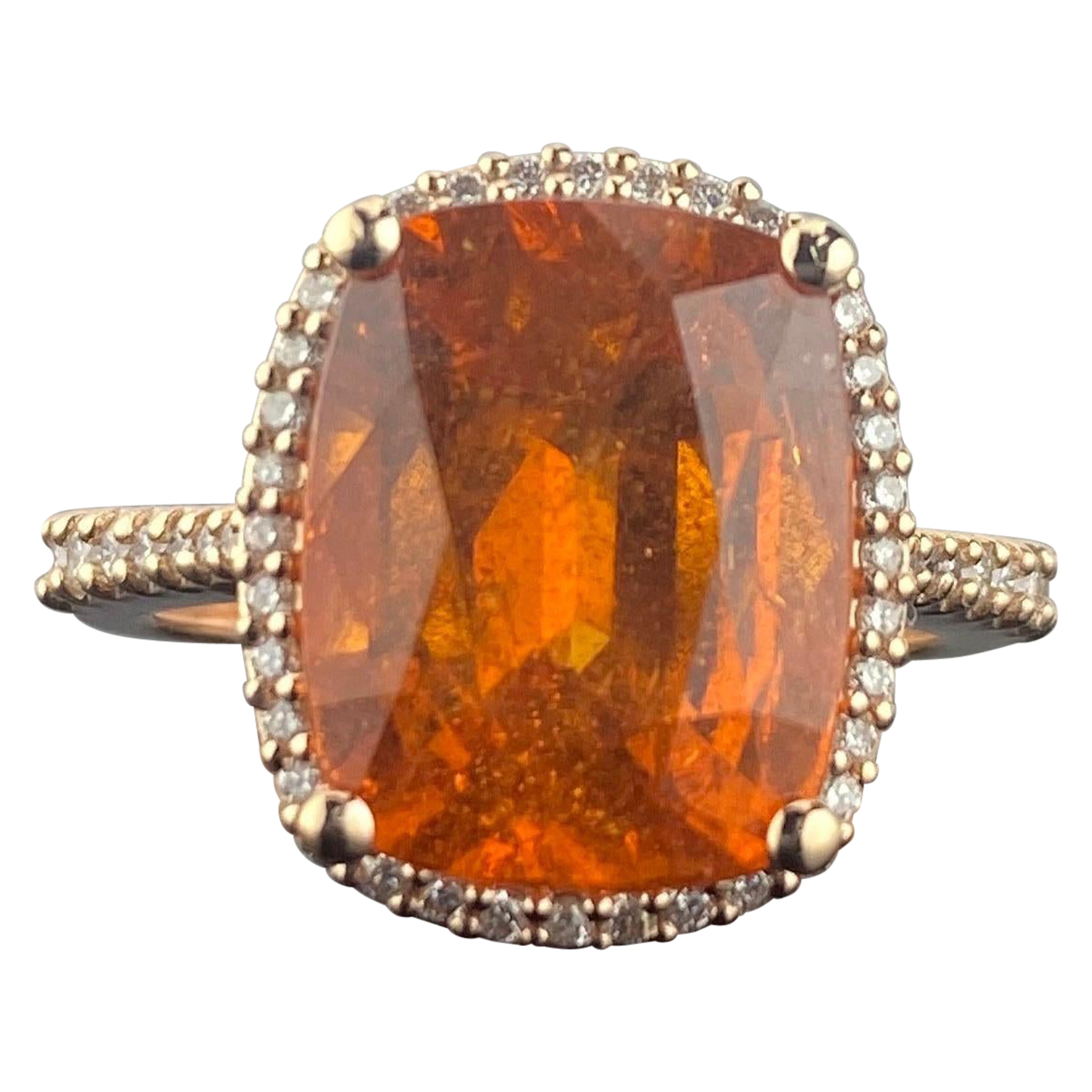 Certified 8.20 carat Cushion Shape Mandarin Garnet Spessartine Engagement Ring For Sale