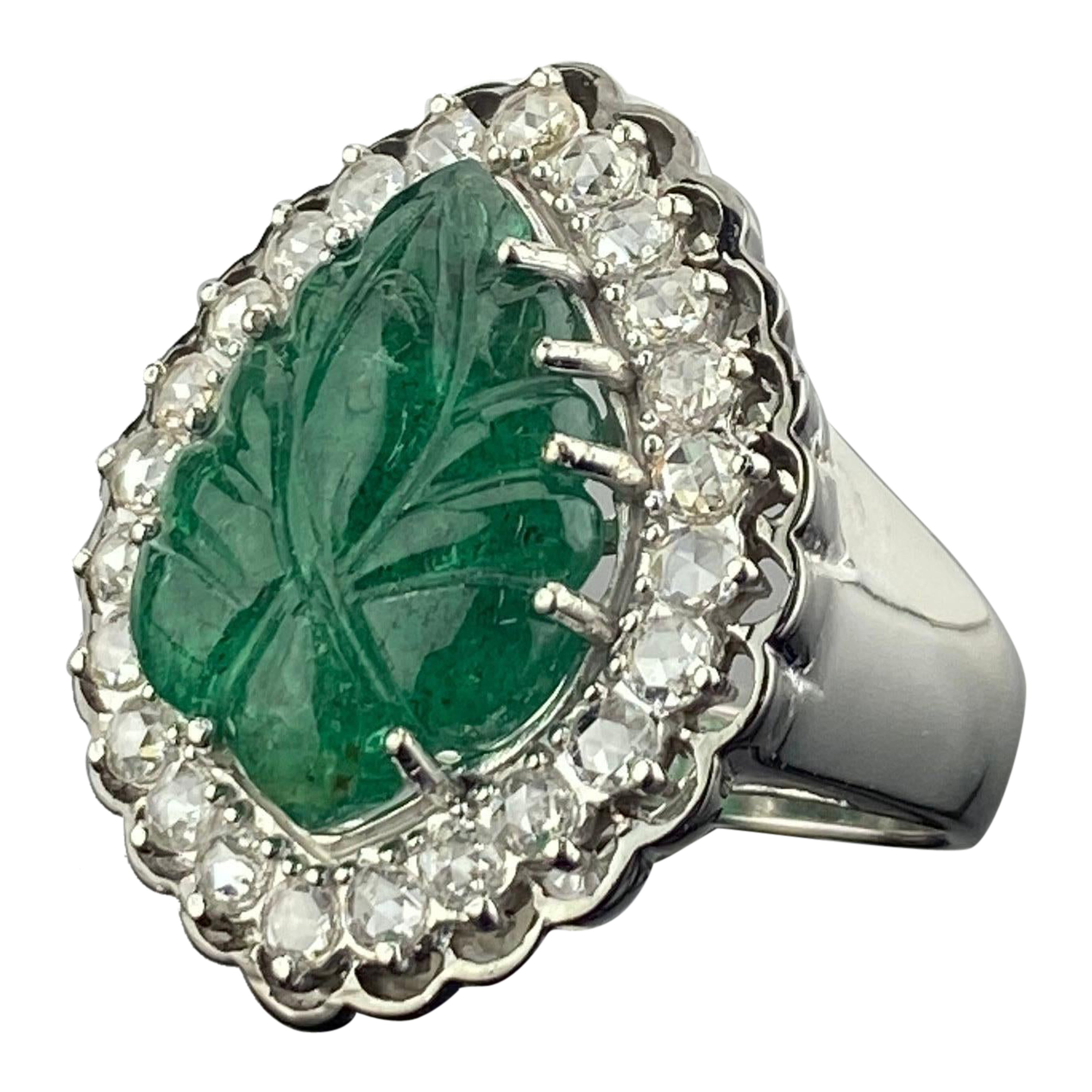 Art-Deco 8 Carat Carved Emerald and Diamond Cocktail Engagement Ring