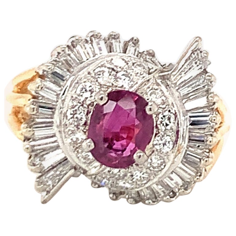 Mid-Century Ruby and Diamond Gold Ring, circa 1950s For Sale