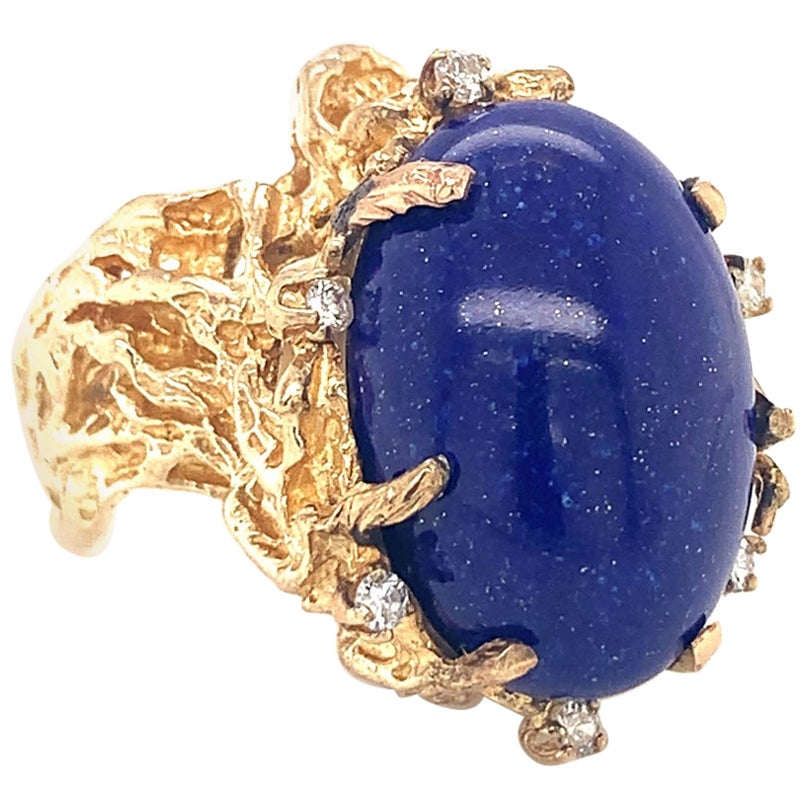 Lapis Lazuli and Diamond 14K Yellow Gold Ring, circa 1960s For Sale