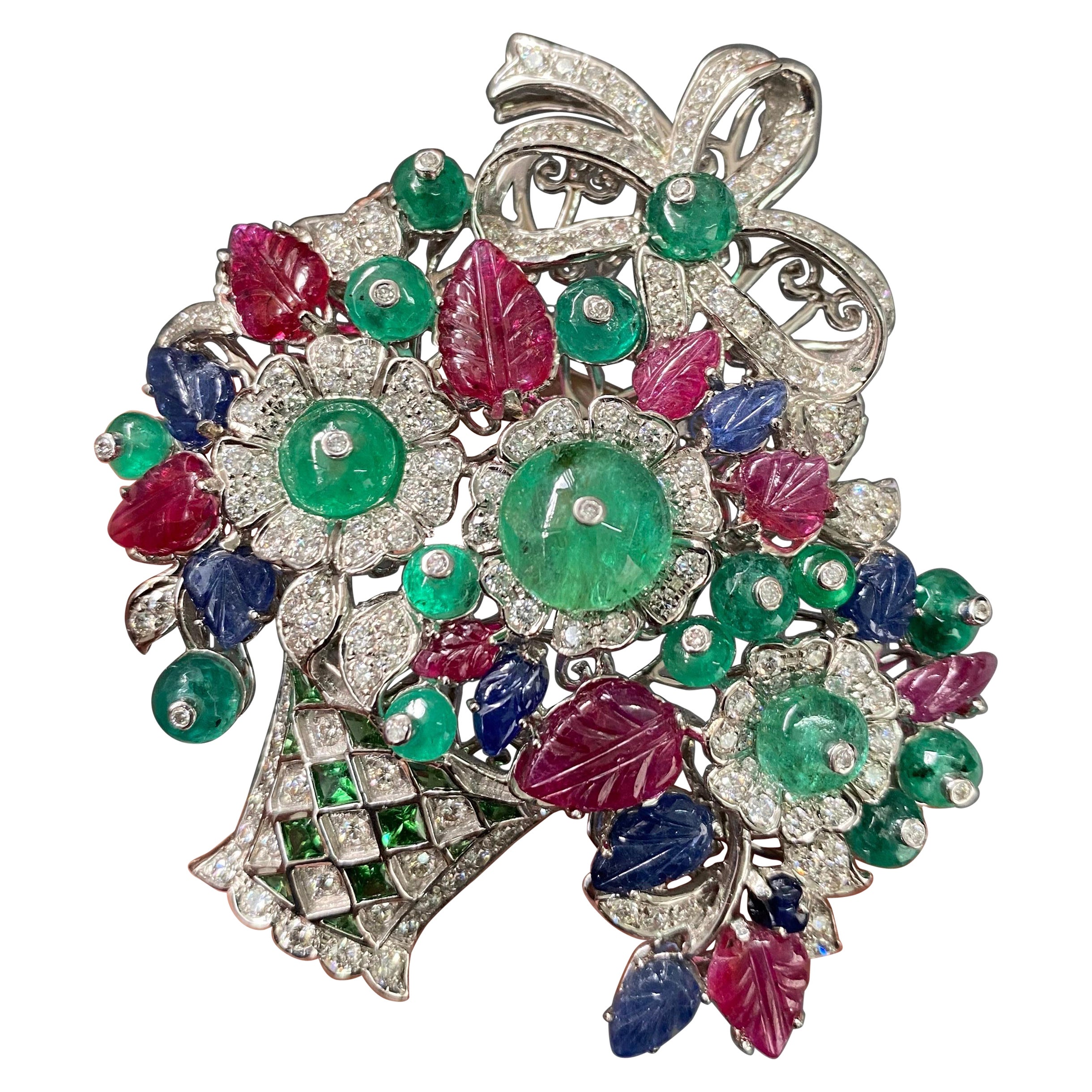 Art-Deco Tutti Frutti Ruby, Sapphire and Emerald Brooch in 18K White Gold