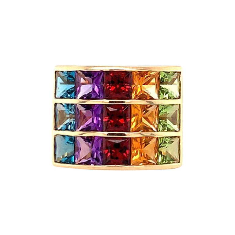 Multi-Color Rainbow Gemstone 14K Yellow Gold Ring