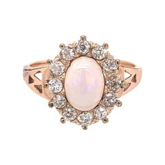 Vintage White Opal and Diamond 14K Yellow Gold Ring, circa 1960s