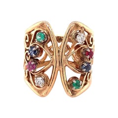 Vintage Butterfly Multi-Gem 14K Yellow Gold Ring, circa 1960s