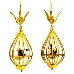 Art Nouveau Style White Diamond Pearl Enamel Yellow Gold Birdcage Drop Earrings