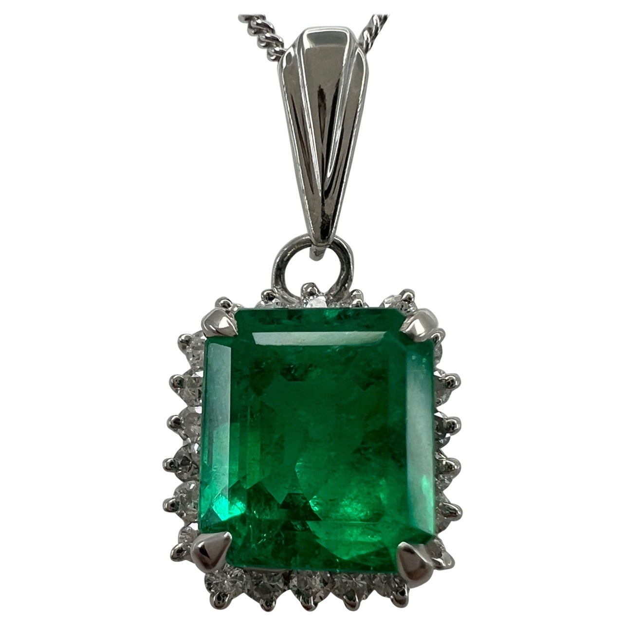 1.84ct Vivid Green Colombian Emerald and Diamond Platinum Halo Pendant Necklace