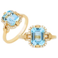Goshwara Blue Topaz Emerald Cut and Diamond Ring