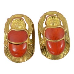 Beautiful Pair of 18 Carat Gold and Coral Scarab Beetle Stud Earrings