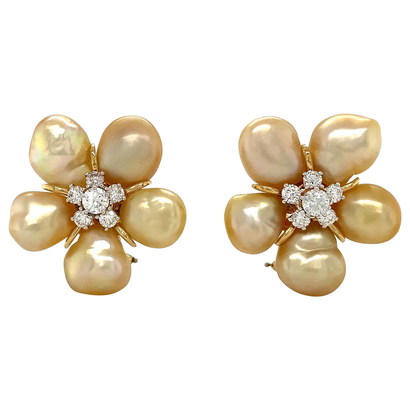 Golden Keshi Pearl 18K Yellow Gold Cluster Earrings For Sale