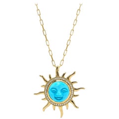 Pendentif soleil éclatant en turquoise, or jaune 18 carats