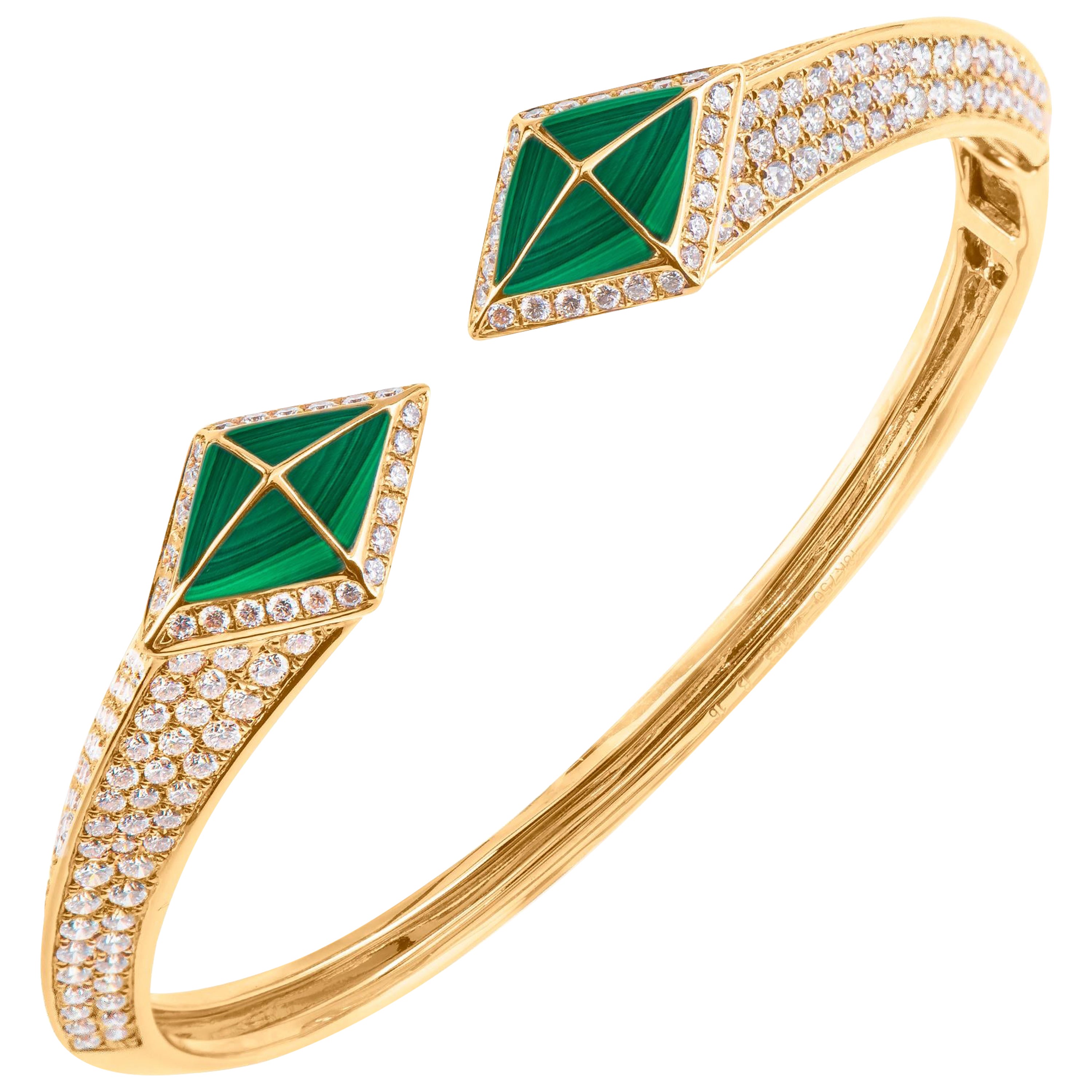 Tetra Hydra Bangle with Malachite and Diamonds in 18k Yellow Gold For Sale