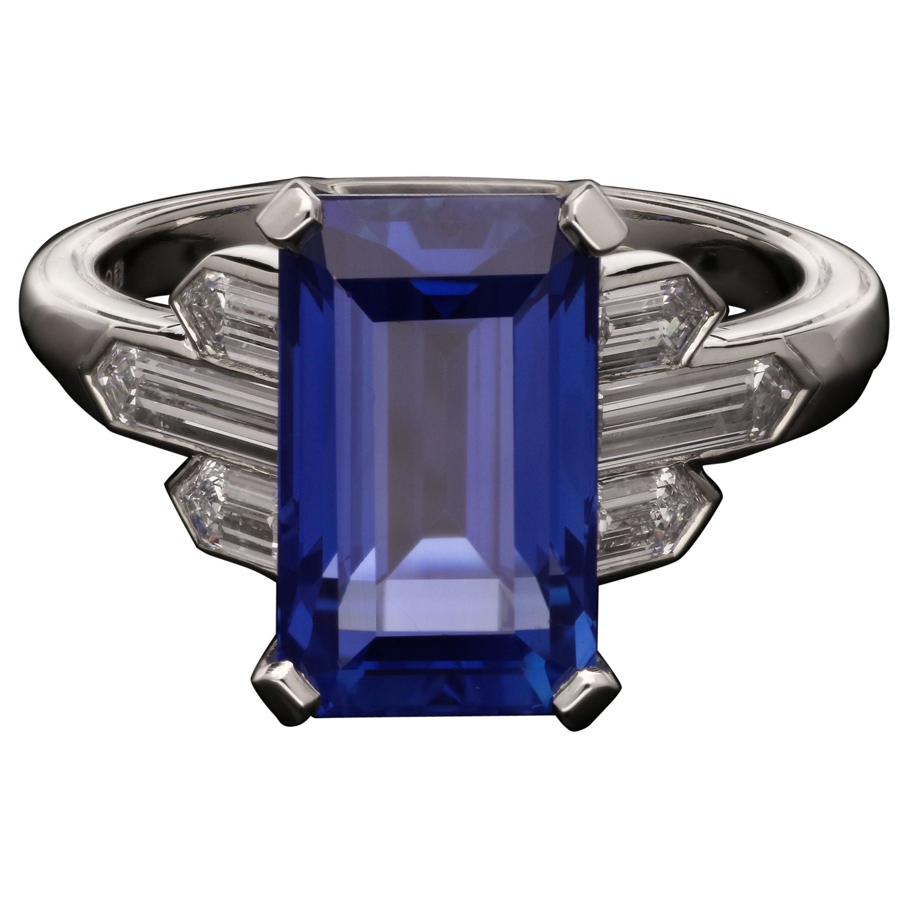 Hancocks 6.19ct Ceylon Sapphire Ring with Bullet Cut Diamond Shoulders Platinum