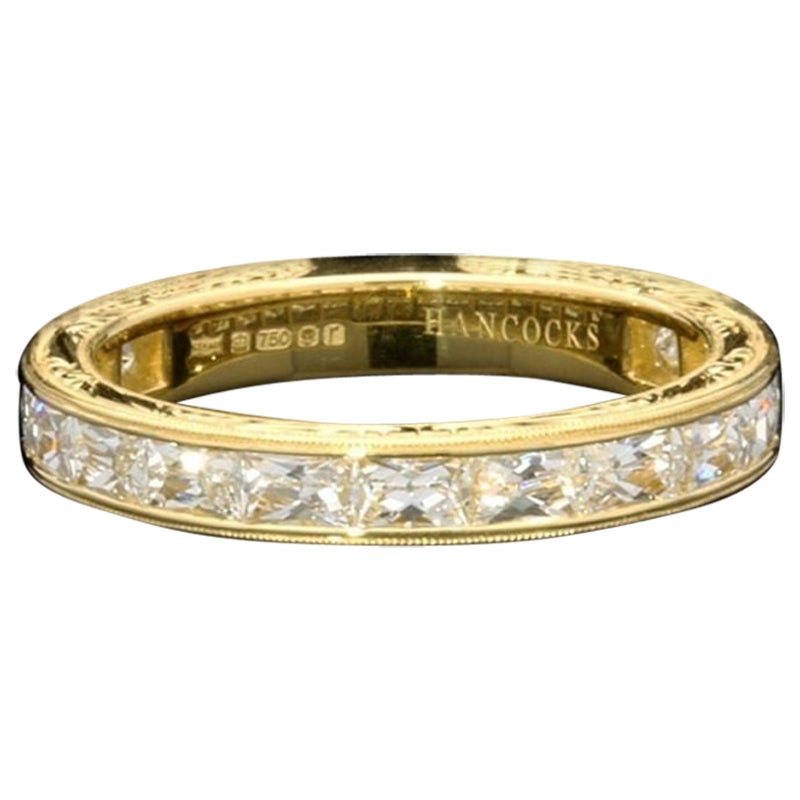 Hancocks French-Cut Diamond "East/West" Eternity Ring Finely Engraved Gold For Sale