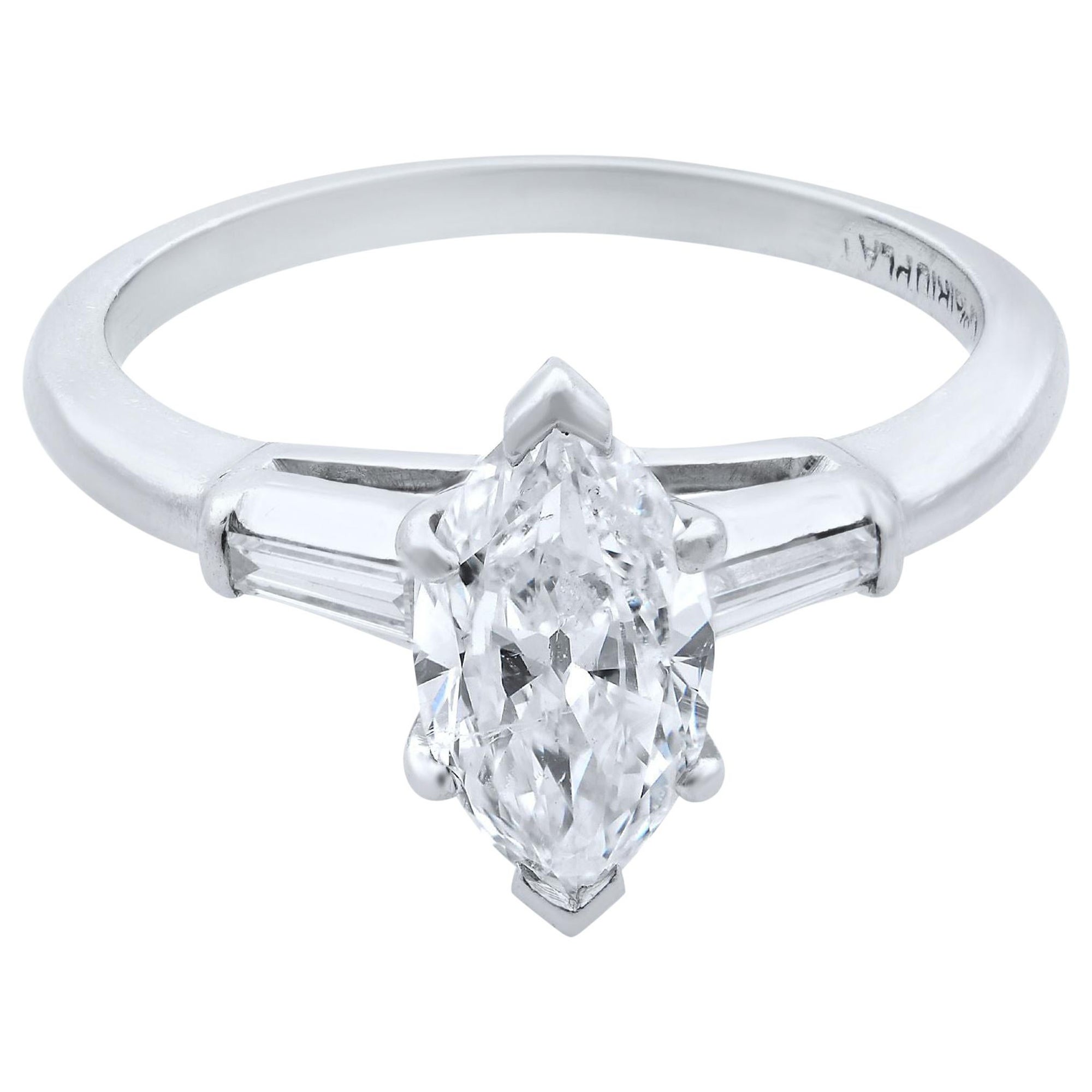 Rachel Koen Platinum Marquise Diamond Engagement Ring 1.00 Carat For Sale