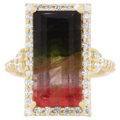 Emerald Cut Bicolored Tourmaline Diamond 14k Yellow Gold Ring