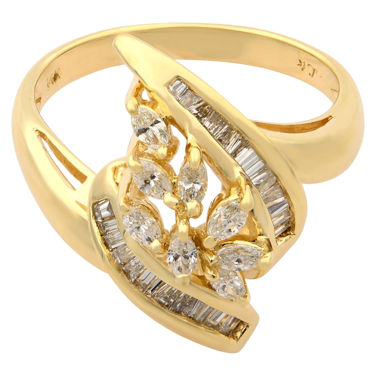 Rachel Koen 14K Yellow Gold Marquise and Baguette Diamonds Cocktail Ring 0.75cts For Sale