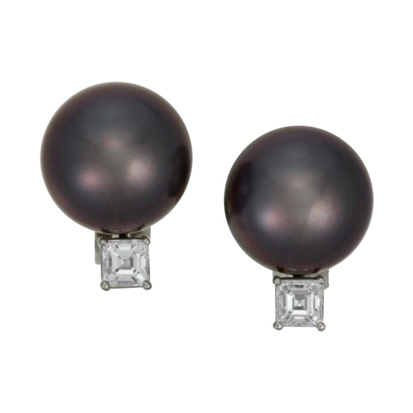 Cartier Black Pearl and Asscher Diamond Stud Earrings