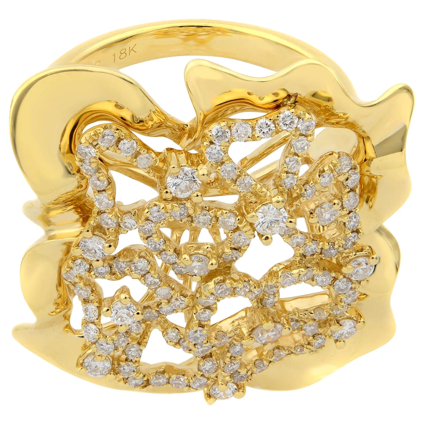 Rachel Koen Large Floral Diamond Cocktail Ring 18K Yellow Gold 0.75cttw For Sale