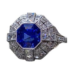 Art Deco Platinum French Cut Diamond Asscher Cut Ceylon Blue Sapphire Engagement