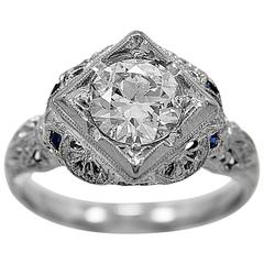 Antique 1.10 Carat Diamond Sapphire Gold Engagement Ring 