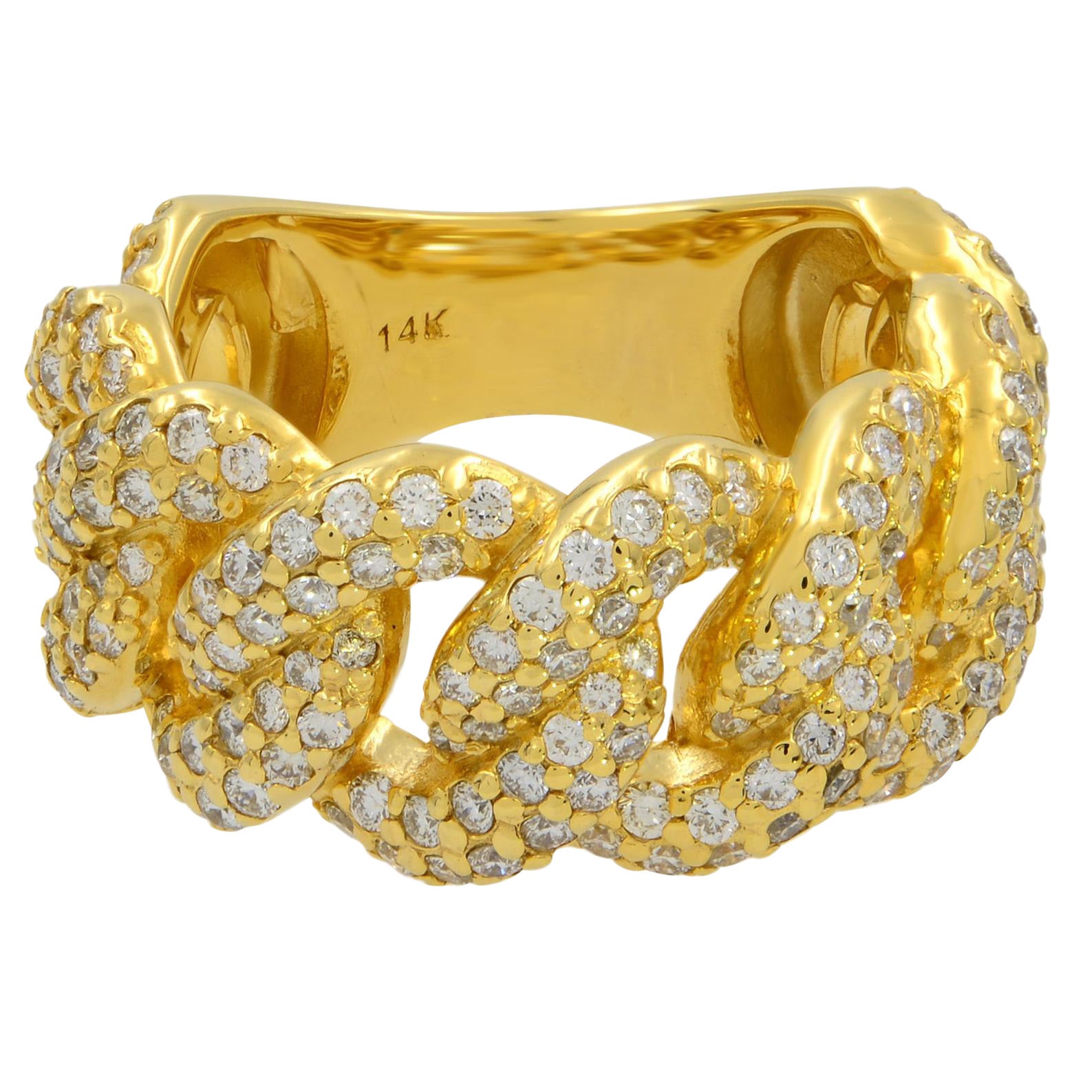 Rachel Koen Diamond Pave Cuban Link Unisex Ring 14K Yellow Gold 2.20cttw For Sale
