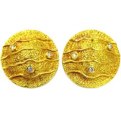 Famous Greek Designer Mapamenos-Natepas Diamond & Gold Textured Clip On Earrings