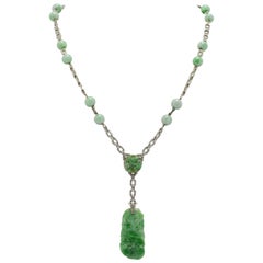 Antique Natural Imperial Jade Art Deco Drop Necklace