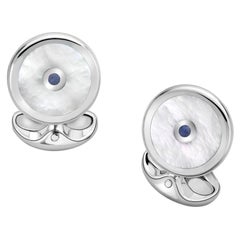 Sterling Silver Round Cufflinks with Mother of Pearl and Sapphire