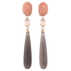 Peach Moonstones Smoky Quartz and Diamonds Pink Gold Chandelier Earrings