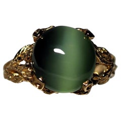 Nephrite Jade Gold Ring Green Cats Eye Effect Chatoyancy Engagement Ring