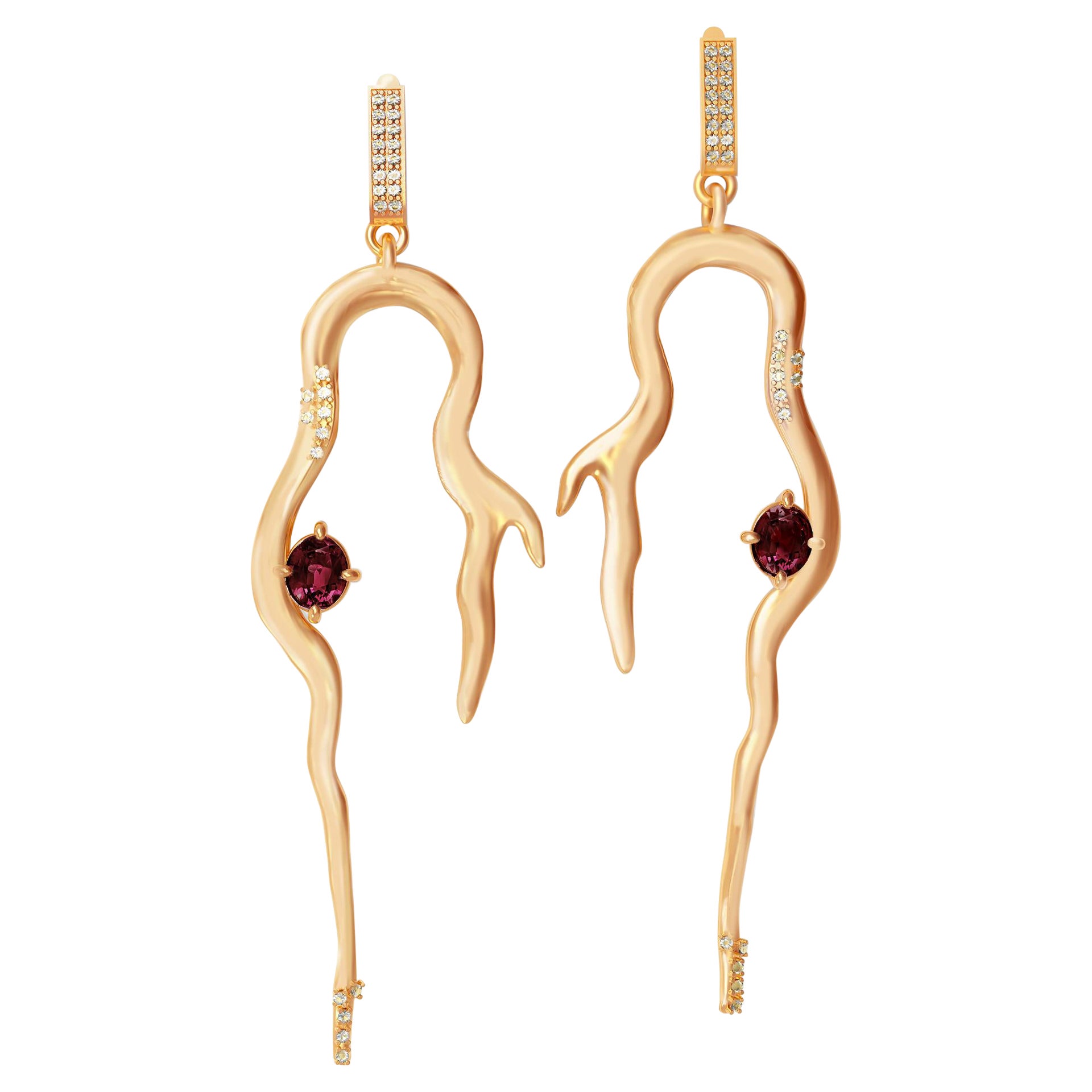 Yellow Gold Contemporary Botanical Earrings with Sapphire and Diamonds For Sale