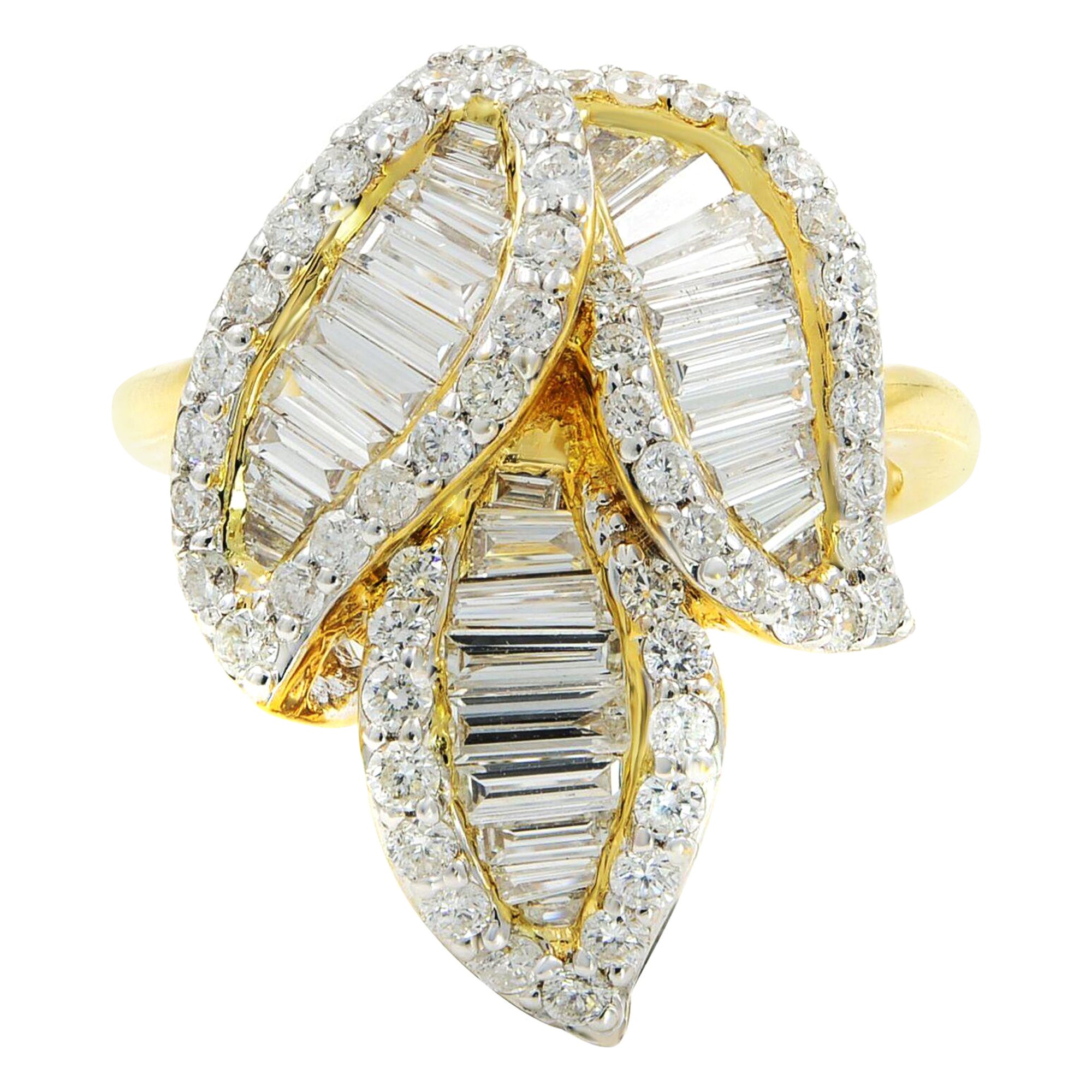 Rachel Koen Round and Baguette Cut Diamond Ring 18K Yellow Gold 1.86Cttw For Sale