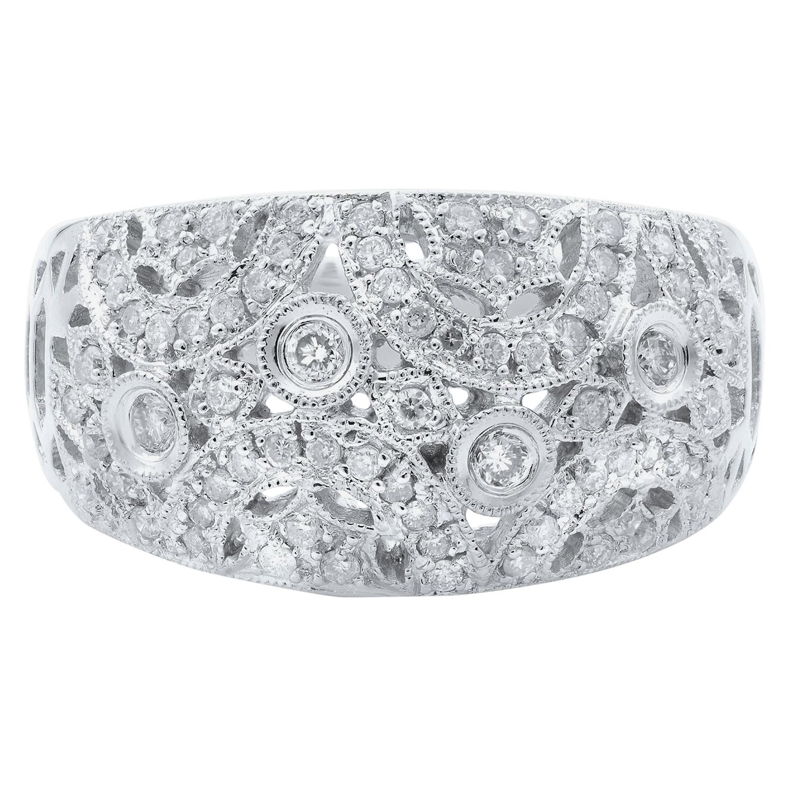 Rachel Koen Diamond Ladies Dome Ring 14K White Gold 0.75 Cttw For Sale
