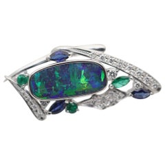 Australian Boulder Opal Diamond Sapphire Emerald Platinum Pendant Brooch