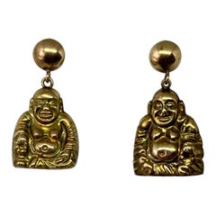 Smiling Happy Buddha Earrings Antique 14 Karat Gold Dangle Drop Earrings