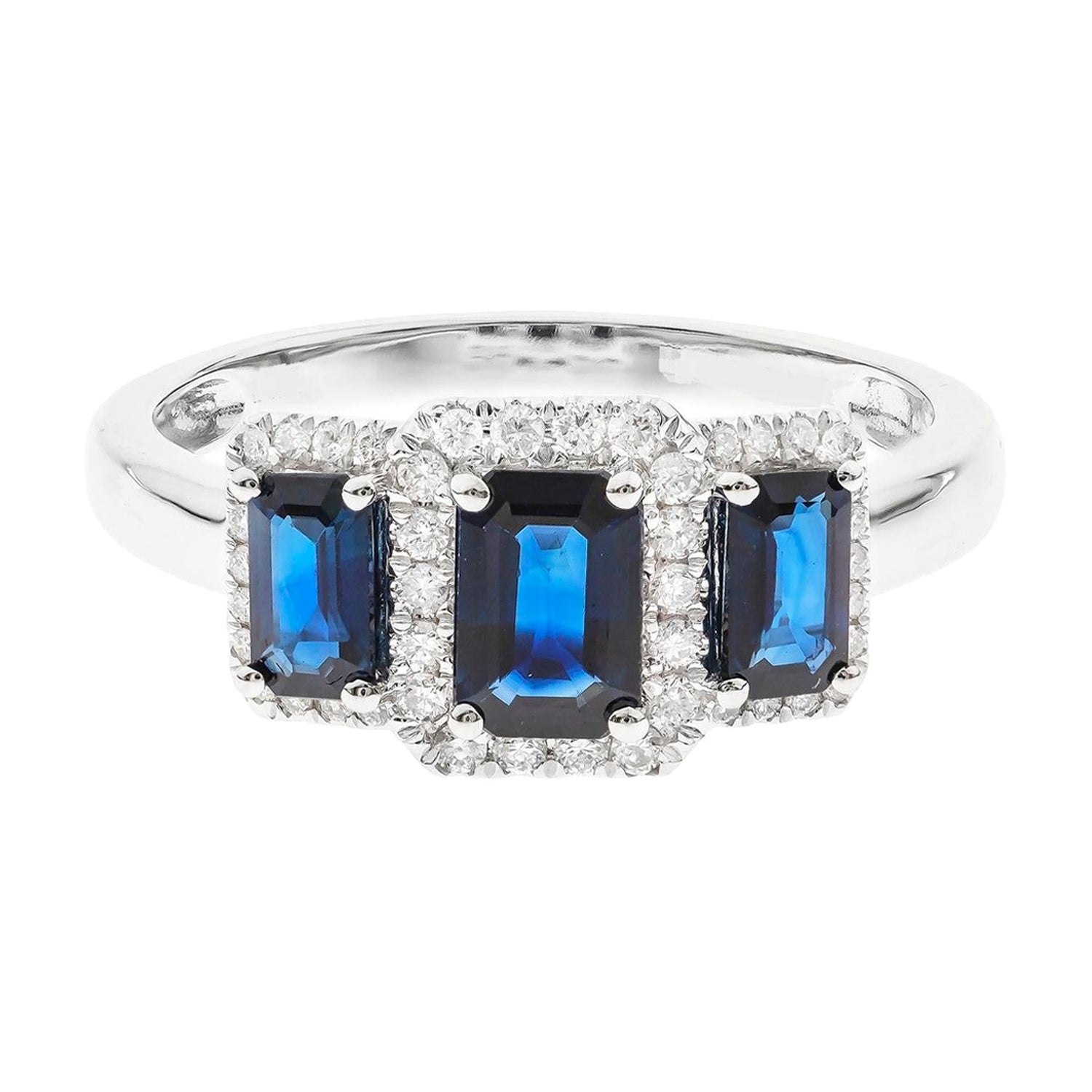 1.31 Carat Emerald-Cut Blue Sapphire with Diamond Accents 14K White Gold Ring For Sale
