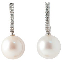 Freshwater Pearls and White Diamonds on White Gold 18 Karat Drop Earrings