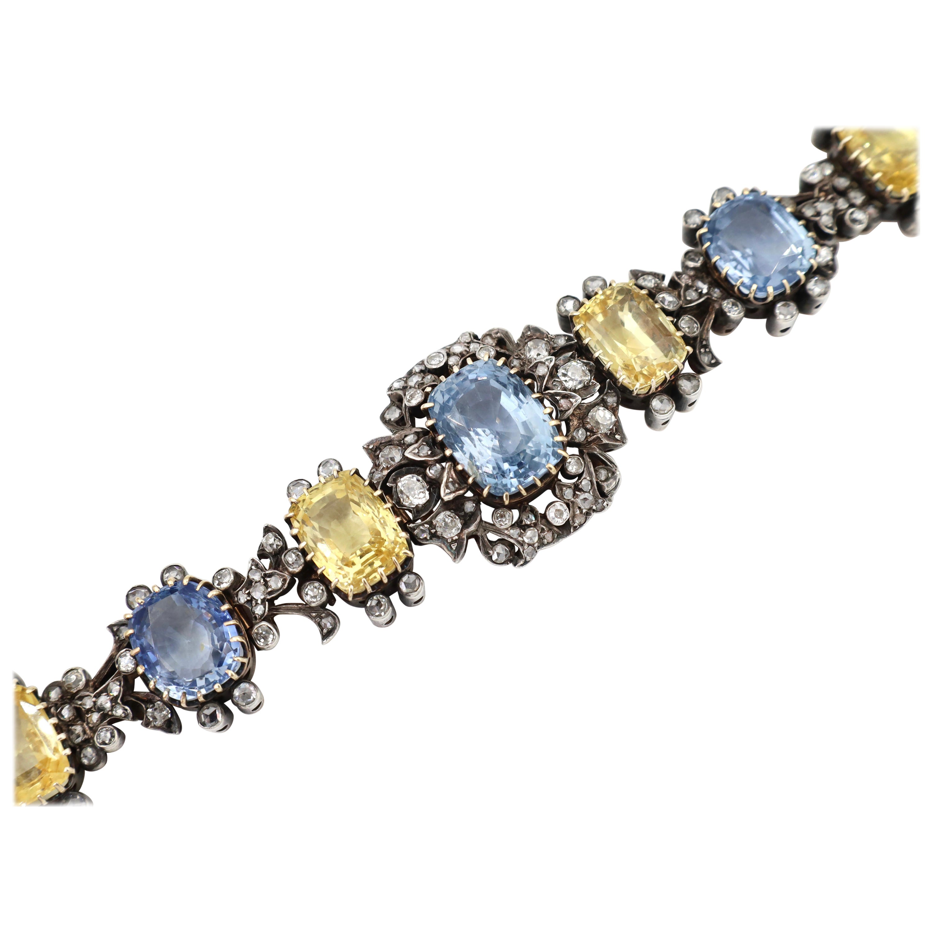 GCS Certified Ceylon Cornflower Blue and Fancy Yellow Sapphire Bracelet For Sale