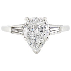 Vintage Platinum 1.74ctw GIA Pear Brilliant & Baguette Diamond Engagement Ring