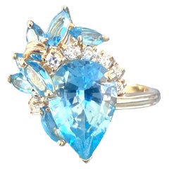 14K Blue Topaz and Diamond Cluster Ring 5.50 CTW