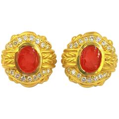 Vintage Carnelian Intaglio Diamond Gold Roman Cameo Earrings
