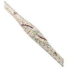 Art Deco Handmade Ruby and 3.50 Carats of Diamonds Platinum Filigree Bracelet