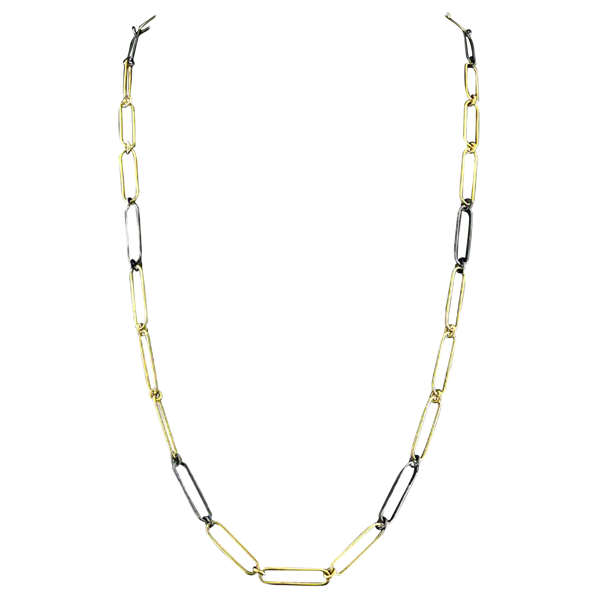 Two-Toned 24K Gold and Silver Long Paperclip Link Chain Necklace by Kurtulan