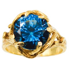 10k Yellow Gold 7.4 Carat Synthetic Blue Spinel Solitaire Statement Ring